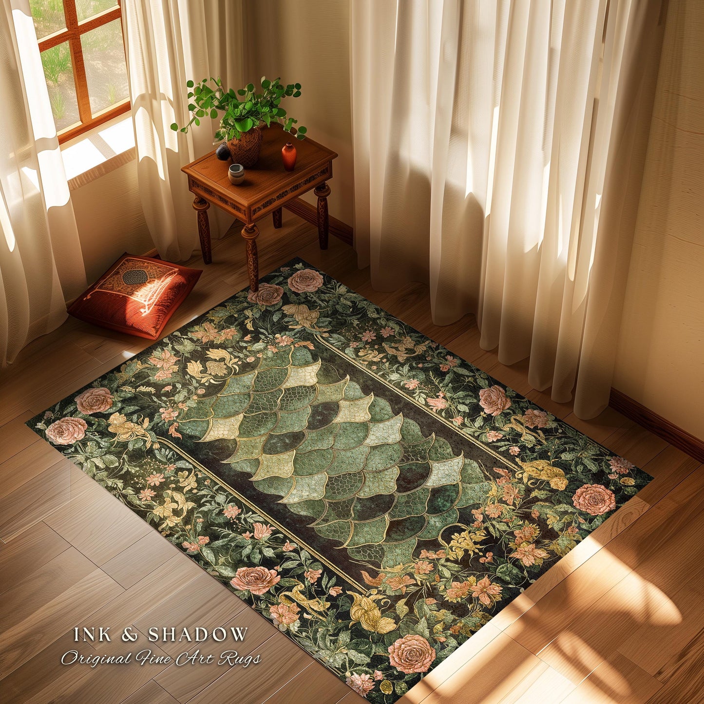 Dark Magic Dragon Scale Accent Rug | Fantasy Aesthetic Sage Green Decorative Cottagegoth Medieval Area Rug Book Nook Academia Gothic Artwork