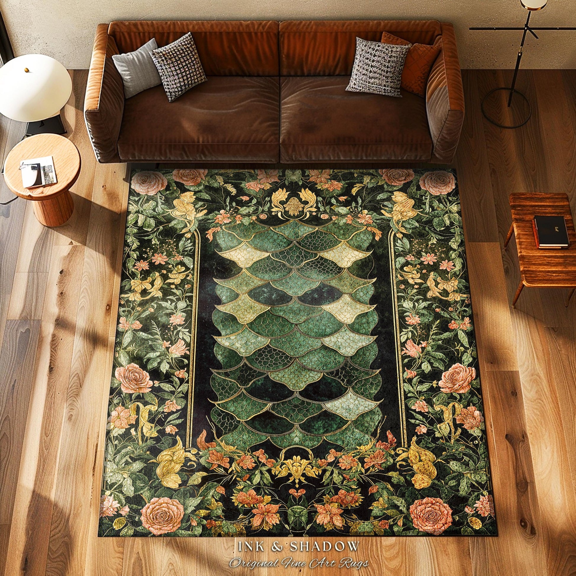 Dark Magic Dragon Scale Accent Rug | Fantasy Aesthetic Sage Green Decorative Cottagegoth Medieval Area Rug Book Nook Academia Gothic Artwork