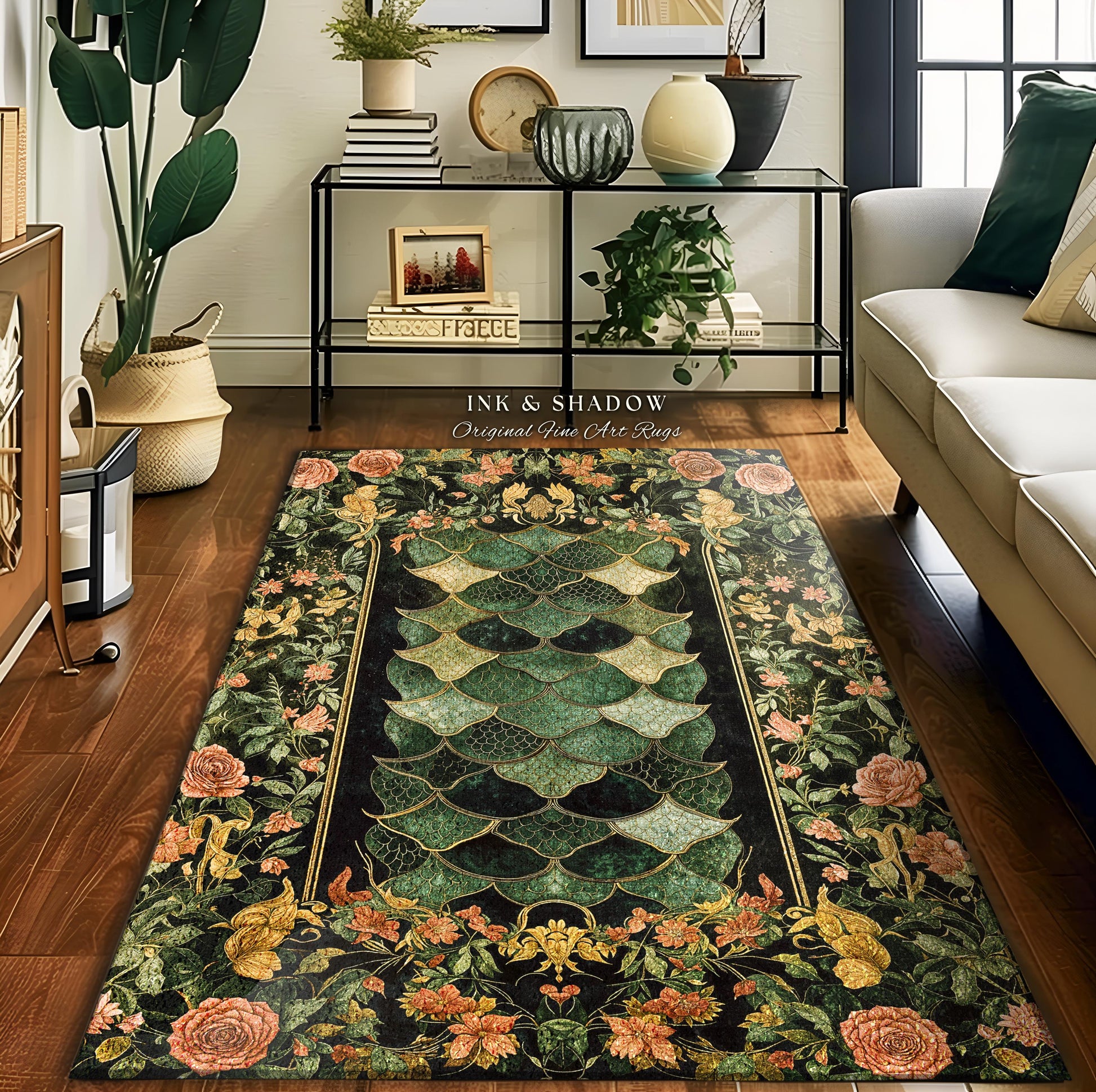 Dark Magic Dragon Scale Accent Rug | Fantasy Aesthetic Sage Green Decorative Cottagegoth Medieval Area Rug Book Nook Academia Gothic Artwork