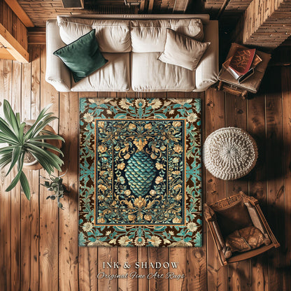 Soft Teal Castlecore area Rug | Fairy Pastel Ornate Gothic Dragon Scale Fantasy Home Accent Rug Rustic Knightcore Medieval Victorian Decor |