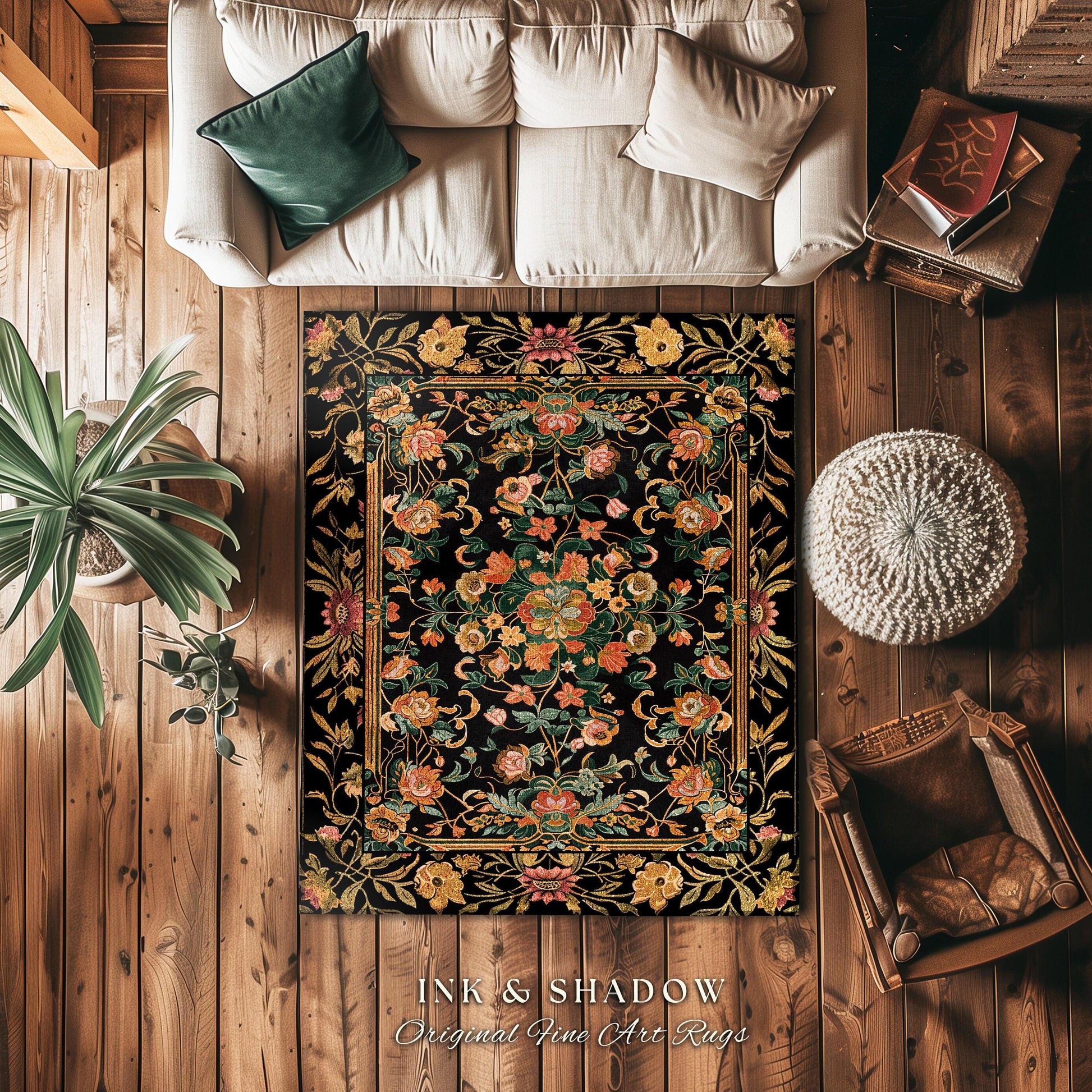 Dark Floral Cottagecore Rug | Bohemian Aesthetic Living Room Home Decor Rustic Housewarming Gift Cottagecore Earth Tone Bedroom Floor Mat