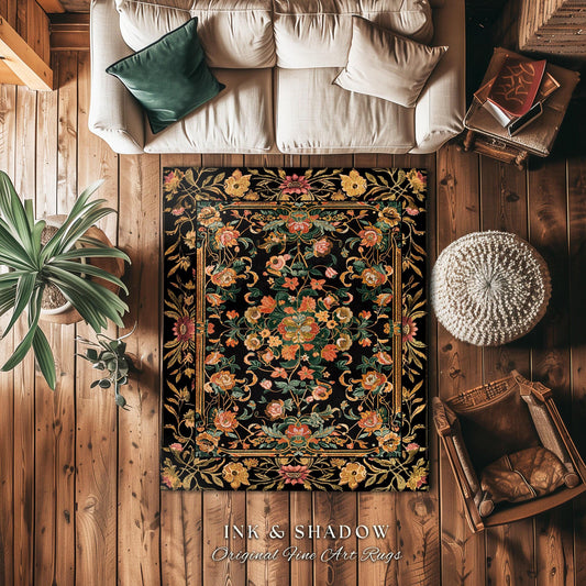 Dark Floral Cottagecore Rug | Bohemian Aesthetic Living Room Home Decor Rustic Housewarming Gift Cottagecore Earth Tone Bedroom Floor Mat