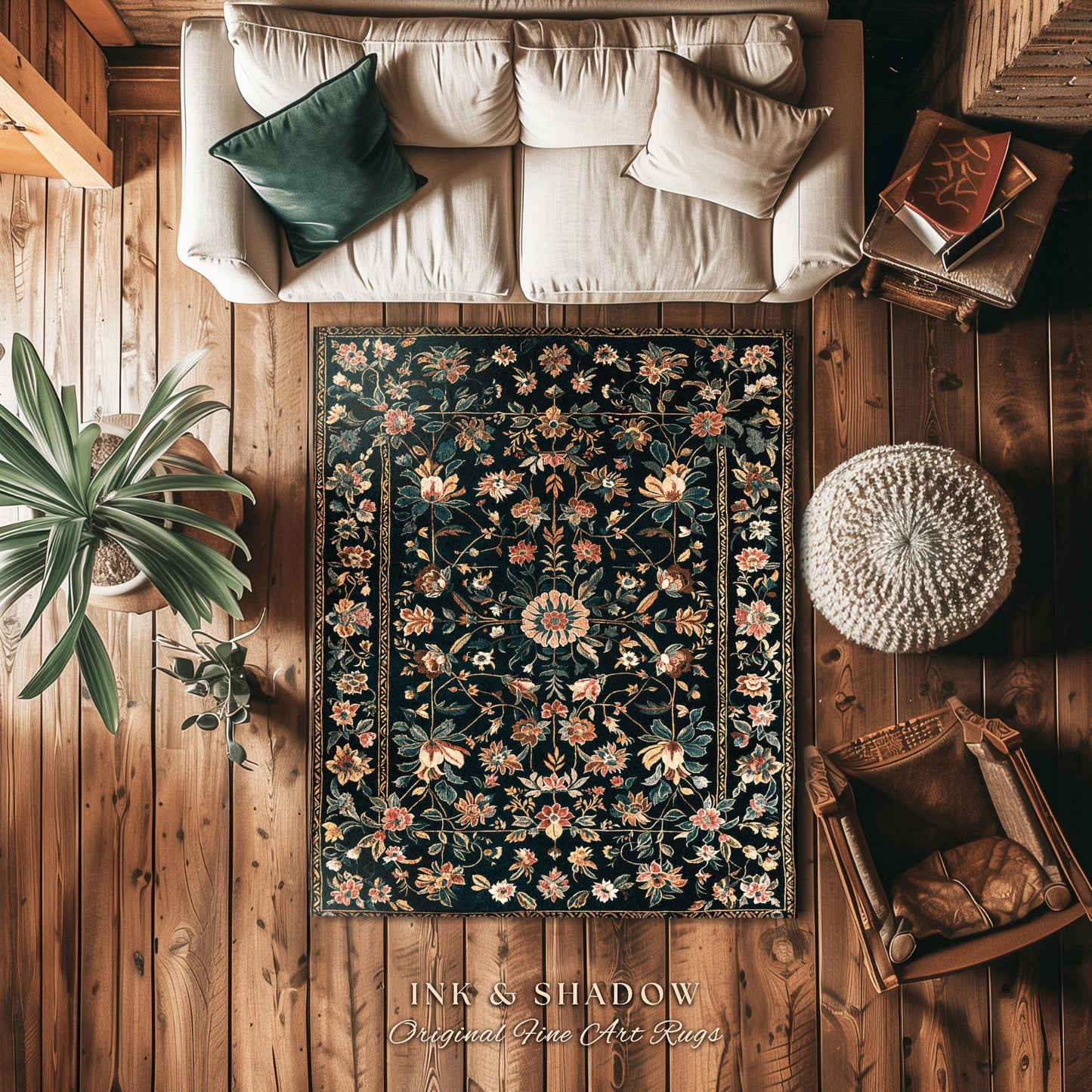 Enchanted Garden Floral Folk Art Rug, Romantic Dark Cottagecore Decor Victorian Aesthetic Fairytale Bedroom Art Accent Whimsical Rustic Home