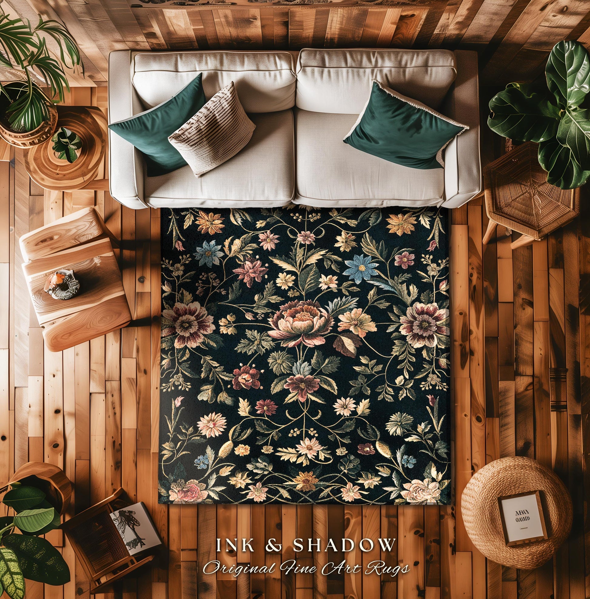 Dark Victorian Aesthetic Rug | Ethereal Gothic Livingroom Decor Ornate Home Decor Whimsical Crowcore Rug Dark Academia Witchy Bedroom Floral