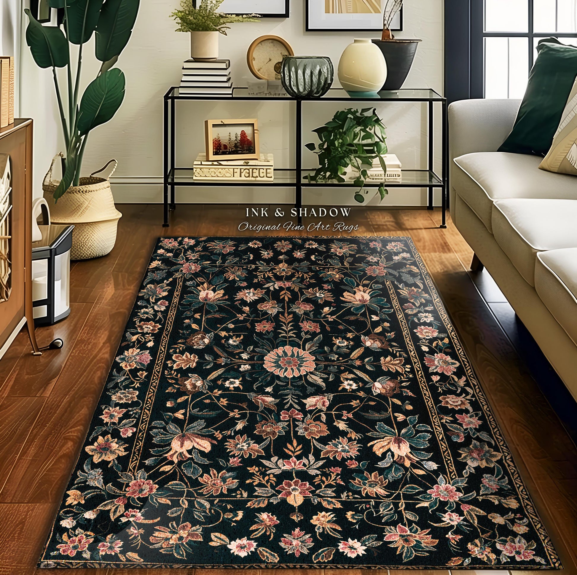 Enchanted Garden Floral Folk Art Rug, Romantic Dark Cottagecore Decor Victorian Aesthetic Fairytale Bedroom Art Accent Whimsical Rustic Home