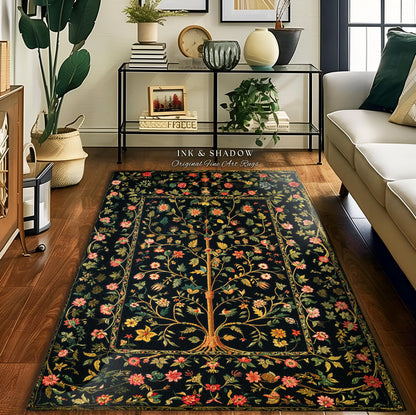 Whimsical Floral Folk Art Tree Rug, Enchanted Garden Aesthetic Rustic Cottagecore Decor Ethereal Home Accent Victorian Fairytale Living Room