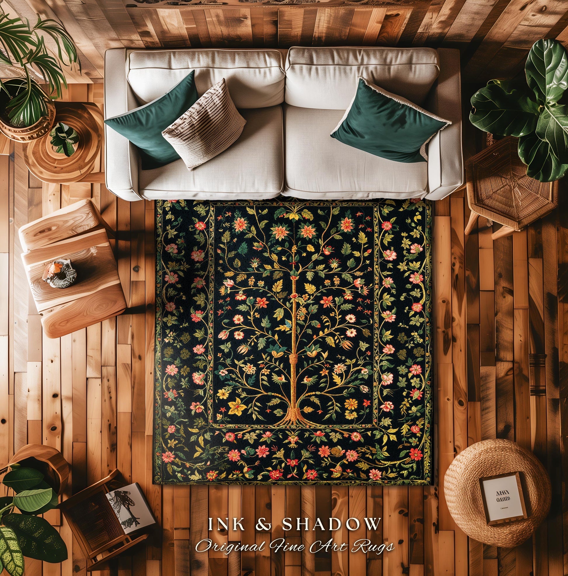 Whimsical Floral Folk Art Tree Rug, Enchanted Garden Aesthetic Rustic Cottagecore Decor Ethereal Home Accent Victorian Fairytale Living Room