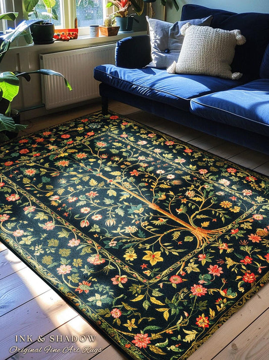 Whimsical Floral Folk Art Tree Rug, Enchanted Garden Aesthetic Rustic Cottagecore Decor Ethereal Home Accent Victorian Fairytale Living Room