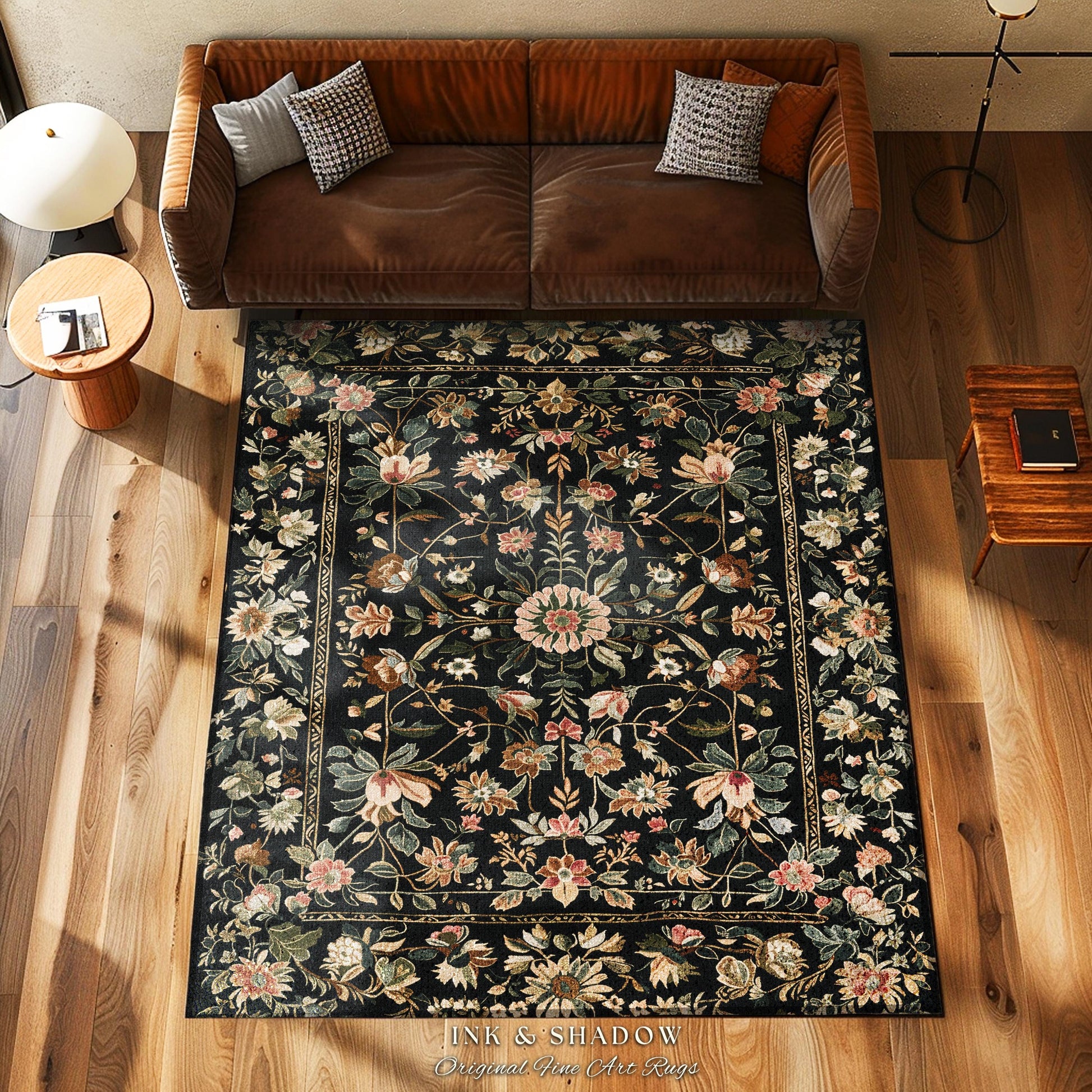 Victorian Folk Art Floral Rose Garden Rug | Dark Cottagecore Fairytale Decor Romantic Rustic Living Room Whimsical Vintage Aesthetic Accent