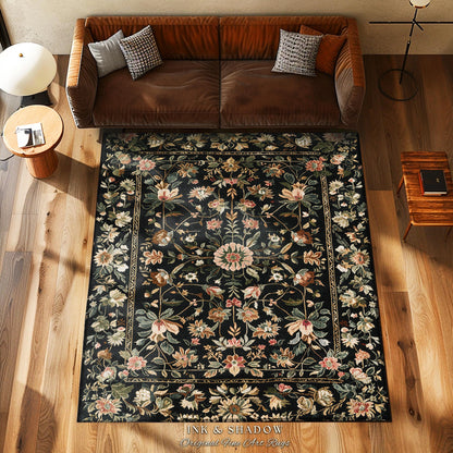 Victorian Folk Art Floral Rose Garden Rug | Dark Cottagecore Fairytale Decor Romantic Rustic Living Room Whimsical Vintage Aesthetic Accent