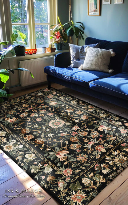 Victorian Folk Art Floral Rose Garden Rug | Dark Cottagecore Fairytale Decor Romantic Rustic Living Room Whimsical Vintage Aesthetic Accent