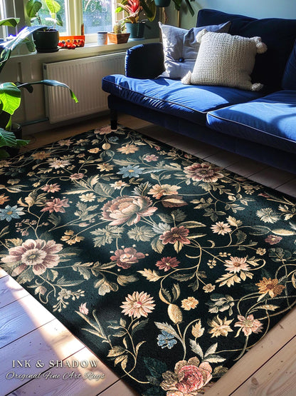 Dark Victorian Aesthetic Rug | Ethereal Gothic Livingroom Decor Ornate Home Decor Whimsical Crowcore Rug Dark Academia Witchy Bedroom Floral