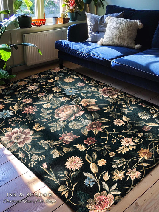 Dark Victorian Aesthetic Rug | Ethereal Gothic Livingroom Decor Ornate Home Decor Whimsical Crowcore Rug Dark Academia Witchy Bedroom Floral