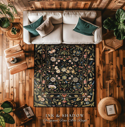 Floral Folk Art Area Rug | Scandinavian Wildflower Aesthetic Danish Pastel Home Decor Rustic Housewarming Gift Fairycore Bedroom Folklore |