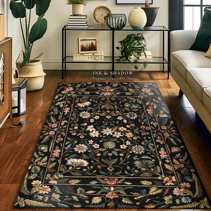 Floral Folk Art Area Rug | Scandinavian Wildflower Aesthetic Danish Pastel Home Decor Rustic Housewarming Gift Fairycore Bedroom Folklore |