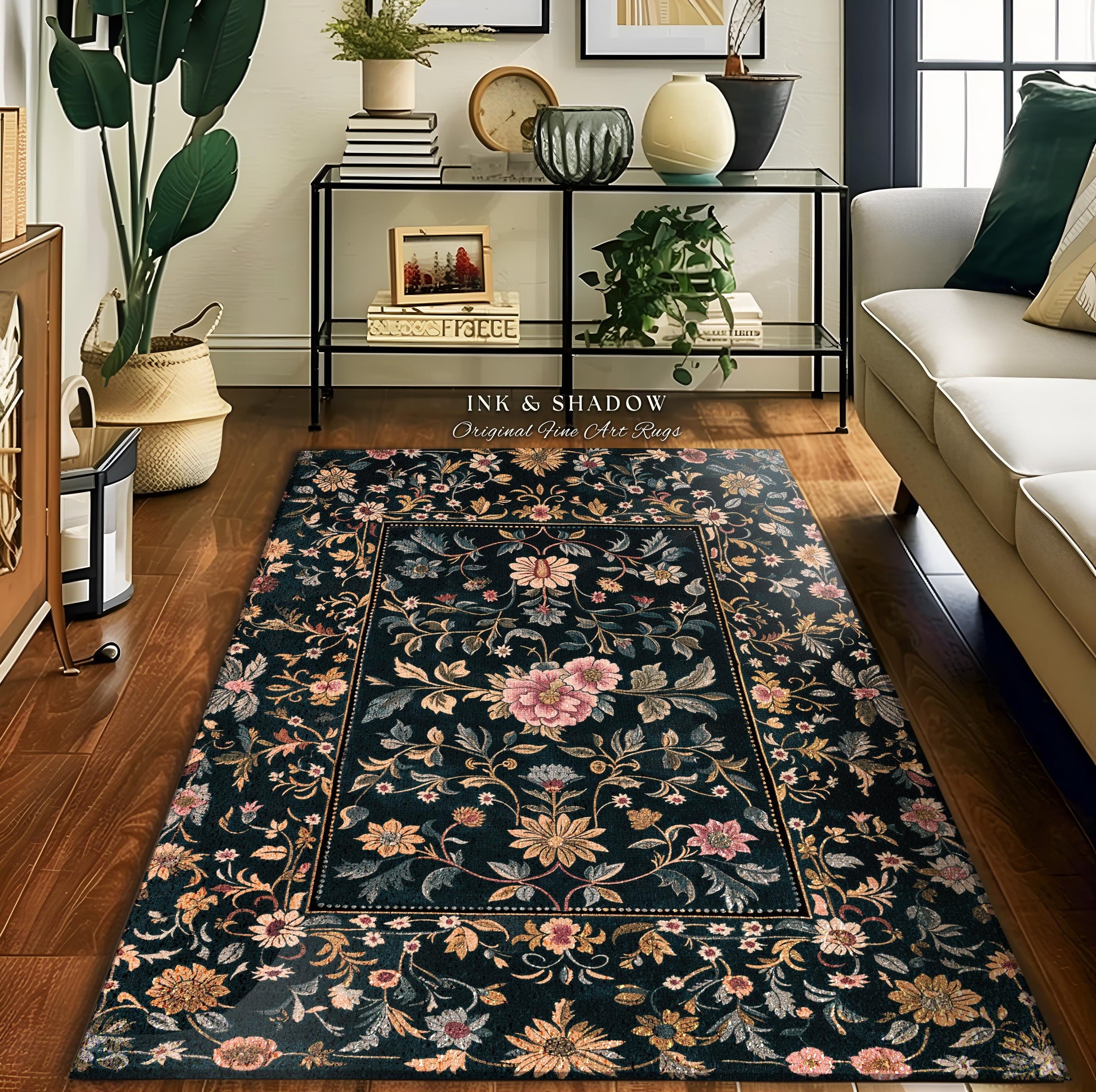 Maximalist Wildflower Rug | Dark Floral Aesthetic Danish Pastel Home Decor Rustic Housewarming Gift Fairycore Bedroom Folklore Inspired |