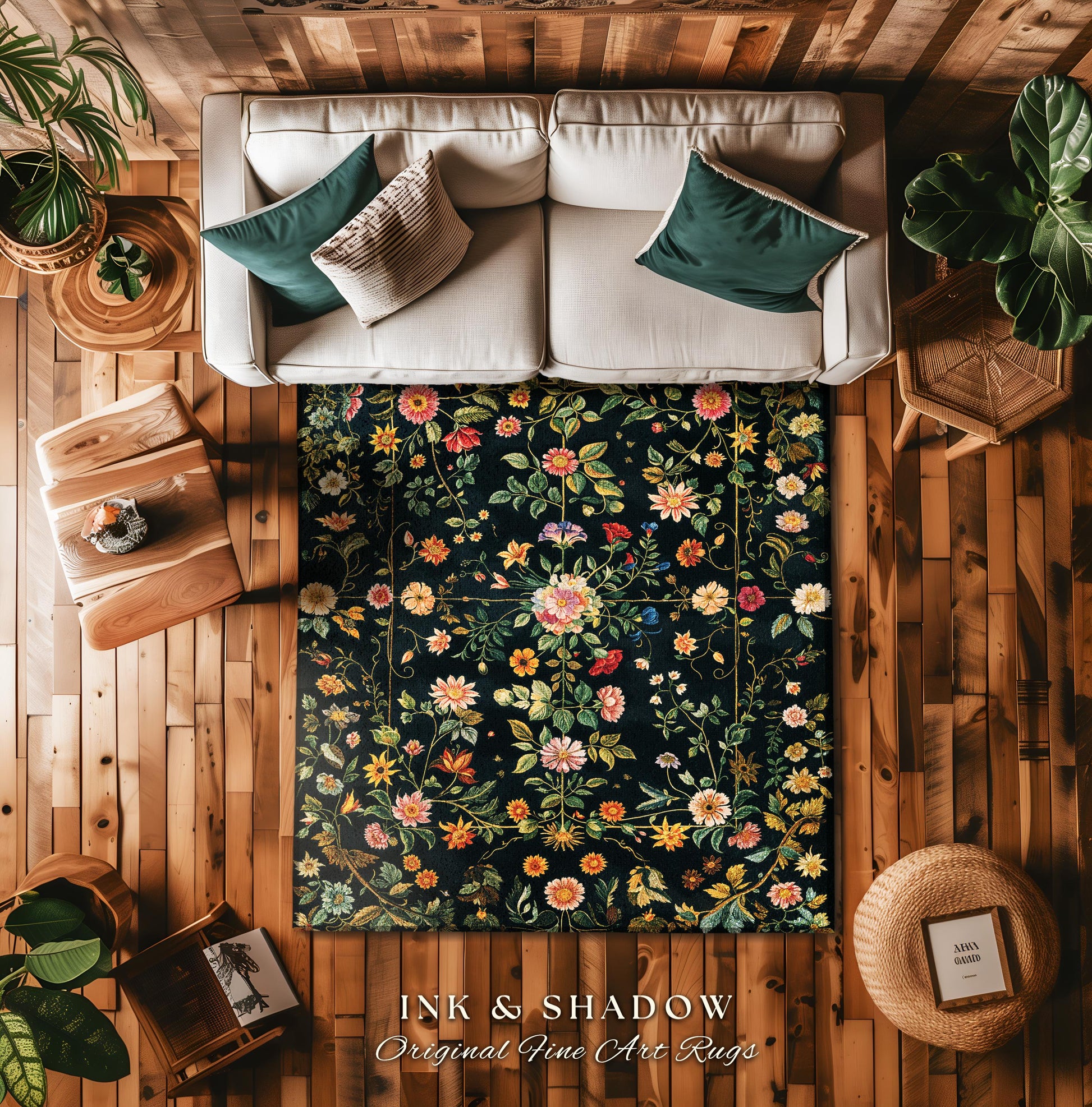 Dark Academia Wildflower Rug | Floral Aesthetic Ornate Gothic Home Decor Whimsical Rustic Housewarming Gift Dark Academia Ethereal Bedroom |
