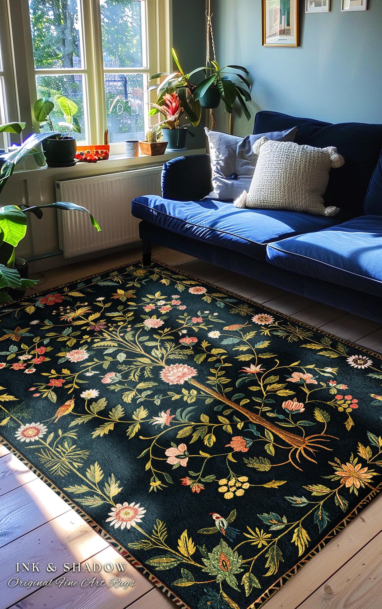 Boho Scandinavian Floral Area Rug | Wildflower Aesthetic Danish Pastel Home Decor Rustic Housewarming Gift Dark Academia Bedroom Folklore |