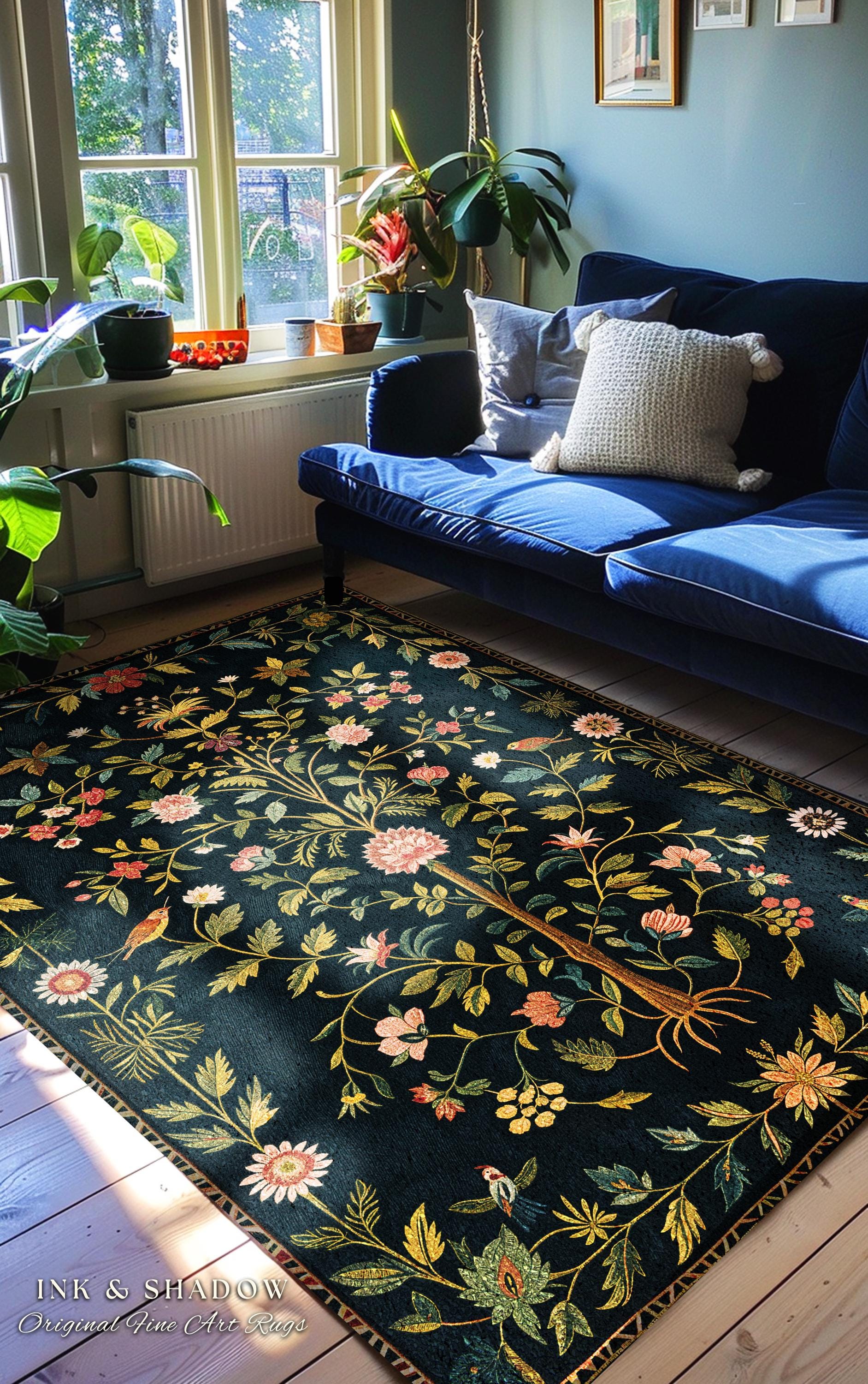 Boho Scandinavian Floral Area Rug | Wildflower Aesthetic Danish Pastel Home Decor Rustic Housewarming Gift Dark Academia Bedroom Folklore |