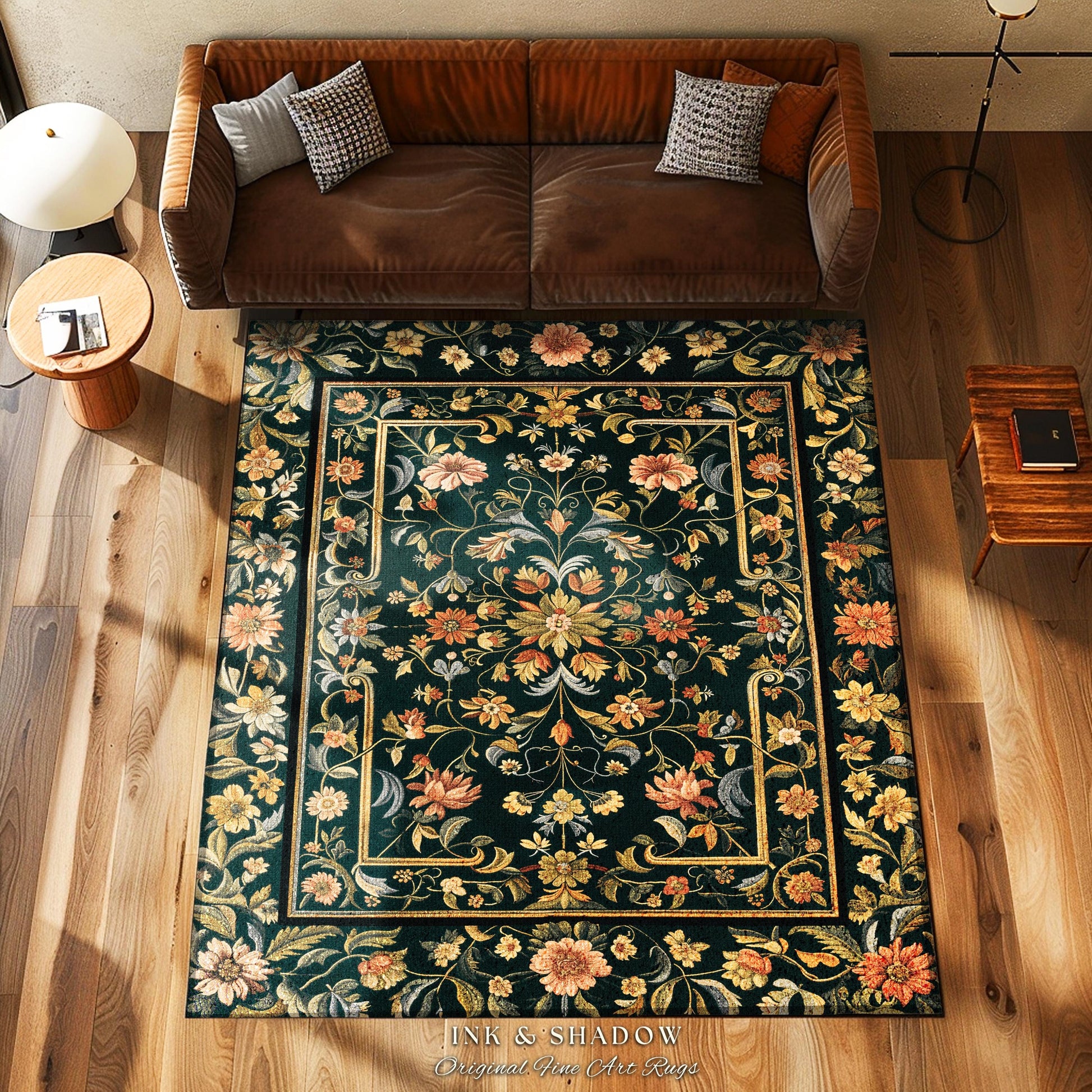 Dark Floral Living Room Rug | Wildflower Aesthetic Ornate Gothic Home Decor Rustic Boho Housewarming Gift Dark Academia Bedroom Folklore Art