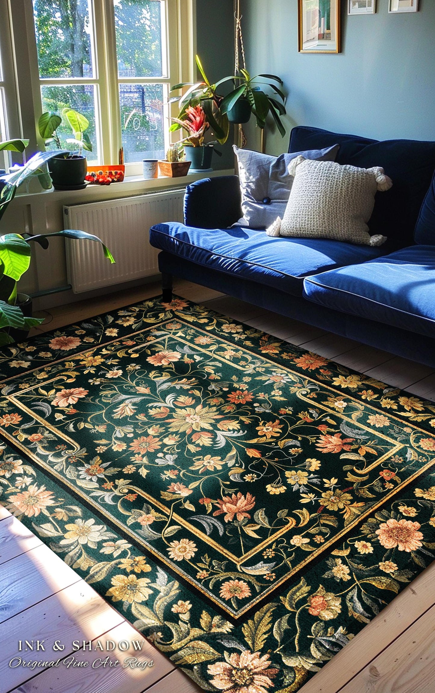 Dark Floral Living Room Rug | Wildflower Aesthetic Ornate Gothic Home Decor Rustic Boho Housewarming Gift Dark Academia Bedroom Folklore Art