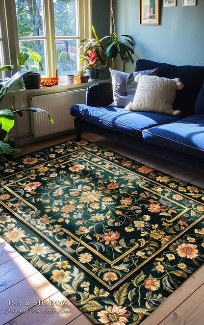 Dark Floral Living Room Rug | Wildflower Aesthetic Ornate Gothic Home Decor Rustic Boho Housewarming Gift Dark Academia Bedroom Folklore Art
