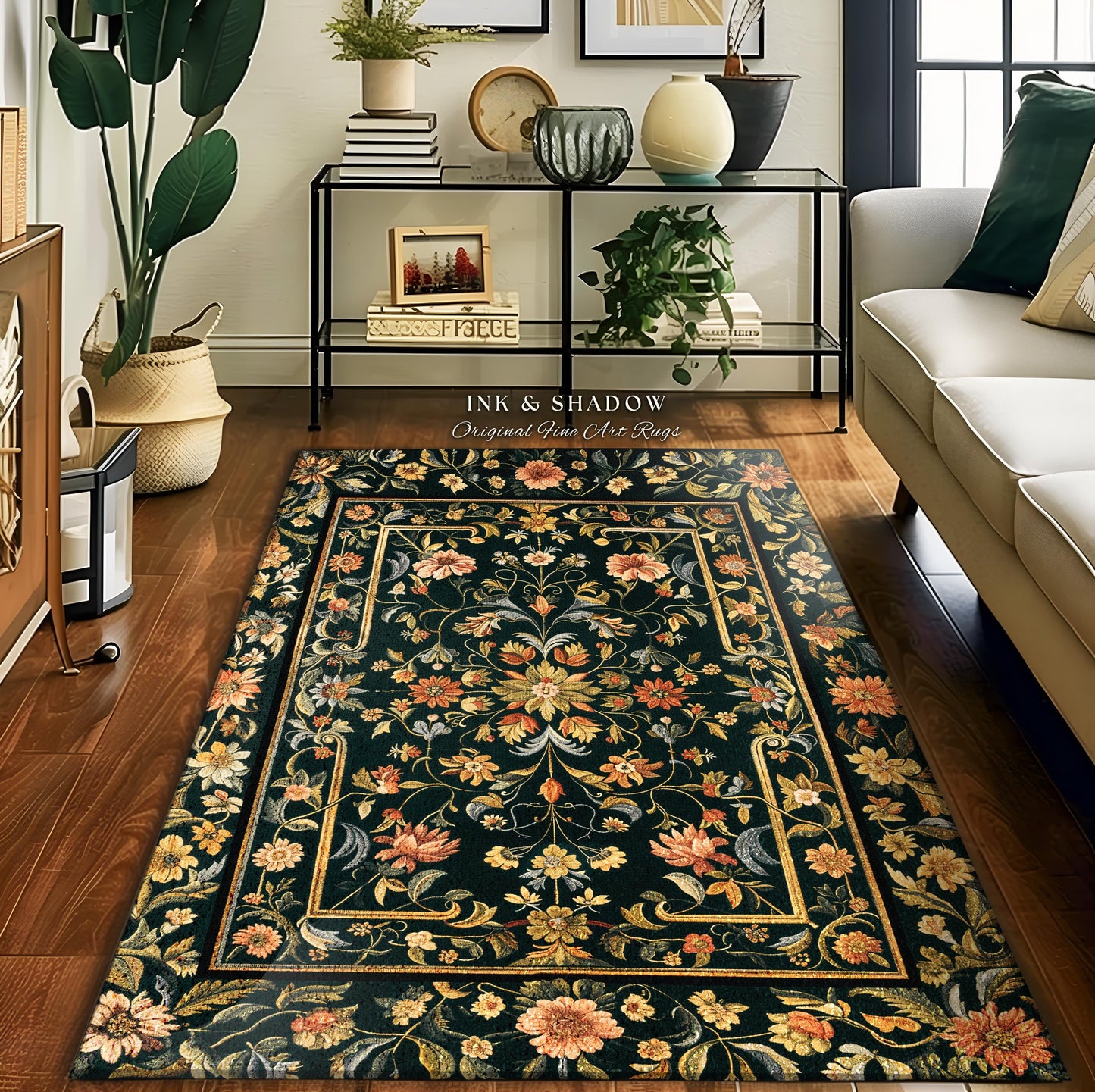 Dark Floral Living Room Rug | Wildflower Aesthetic Ornate Gothic Home Decor Rustic Boho Housewarming Gift Dark Academia Bedroom Folklore Art