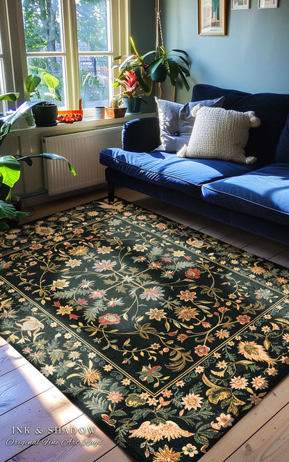Boho Maximalist Wildflower Rug | Folklore Aesthetic Danish Home Decor Rustic Housewarming Gift Fairycore Bedroom Whimsical Living Room |