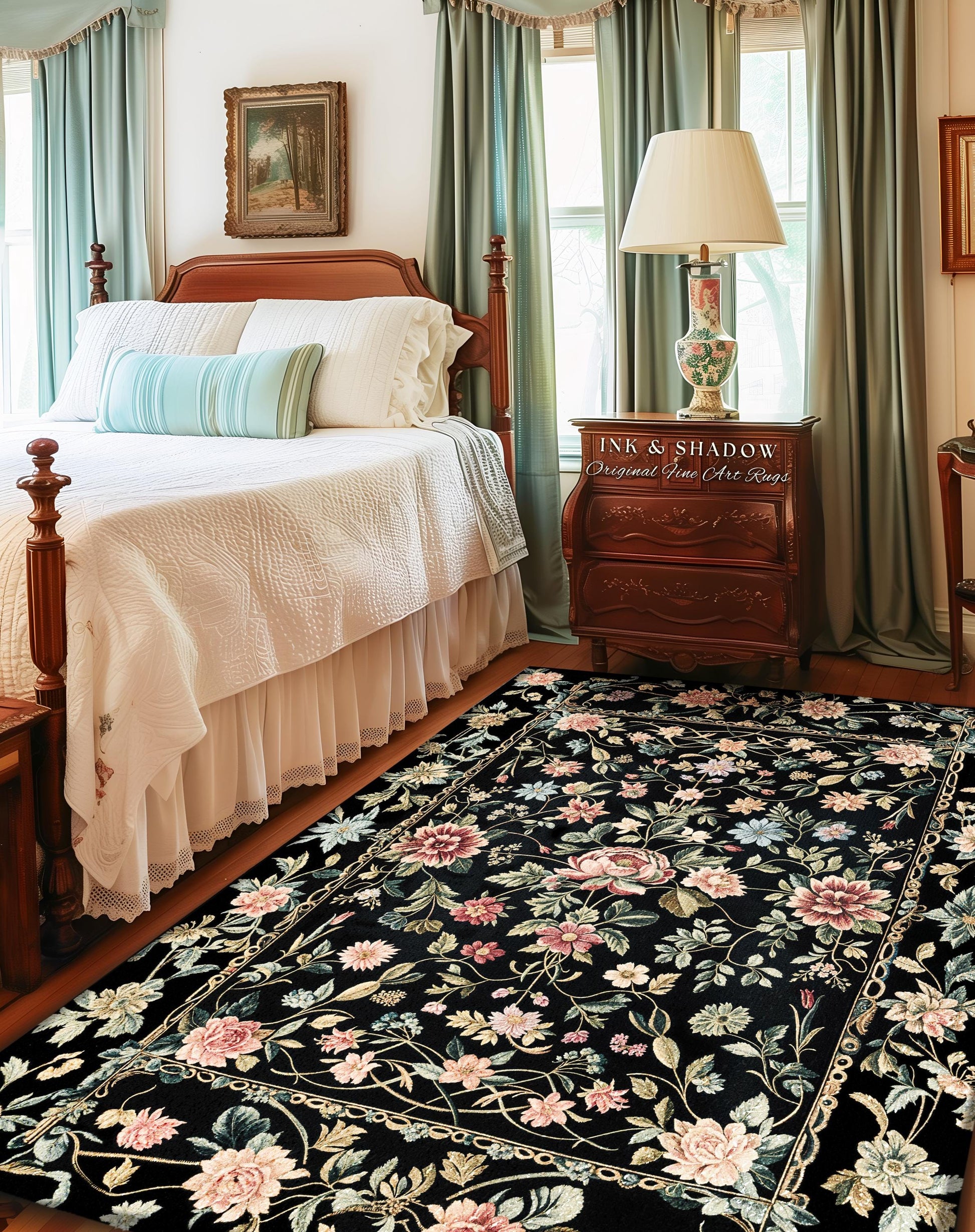 Elegant Victorian Floral Bedroom Rug | Maximalist Aesthetic Danish Pastel Home Decor Rustic Housewarming Gift Fairy Core Bedroom Whimsical |