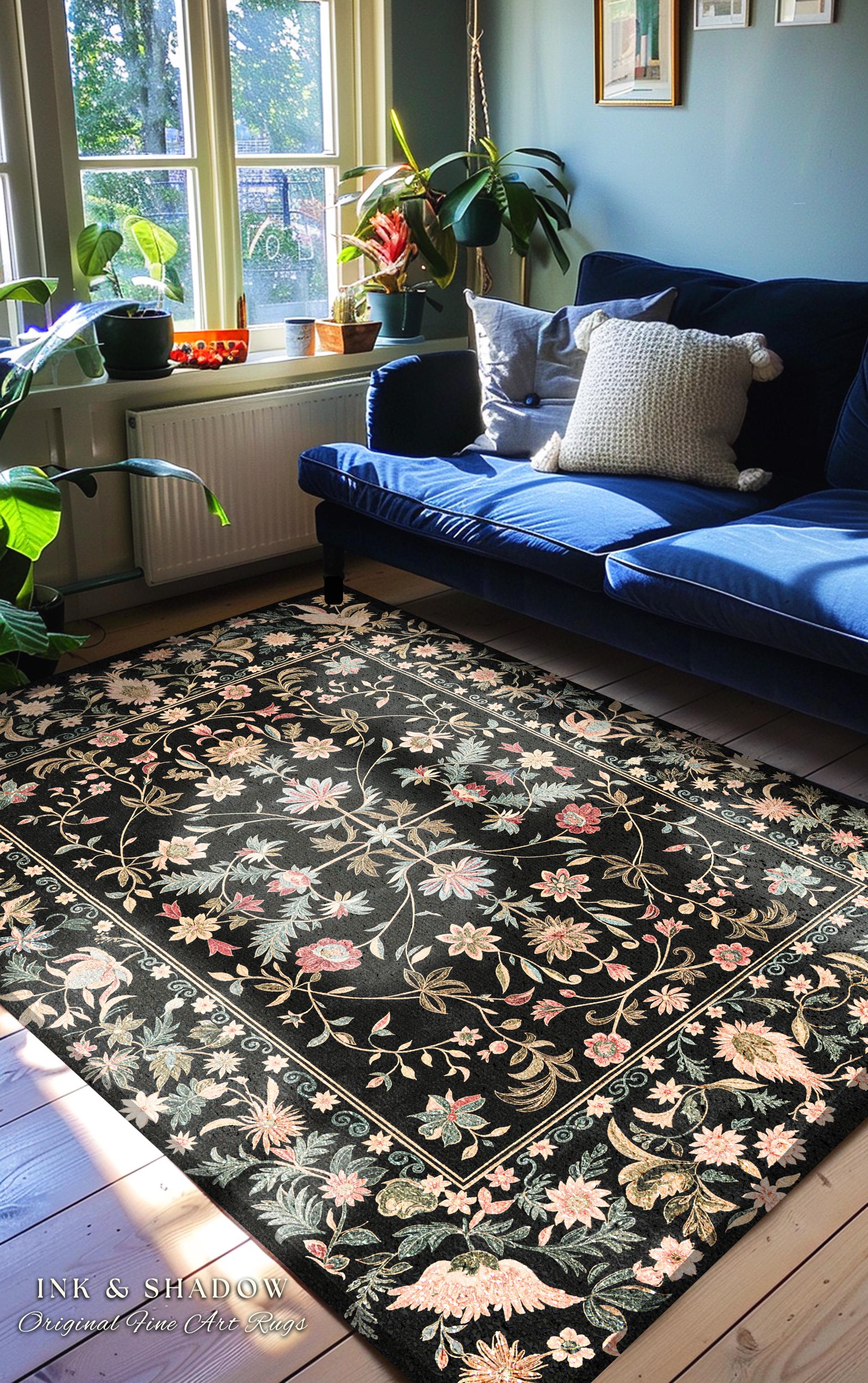 Ornate Baroque Pastel Florals Rug | Rococo Inspired Romantic Decor Vintage Botanical Aesthetic Cottagecore Bedroom Whimsical Elegant Accent