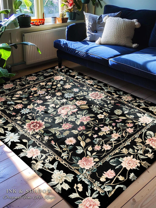 Elegant Victorian Floral Bedroom Rug | Maximalist Aesthetic Danish Pastel Home Decor Rustic Housewarming Gift Fairy Core Bedroom Whimsical |