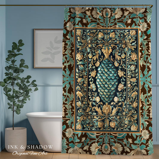 Soft Teal Castlecore Shower Curtain | Fairy Pastel Ornate Gothic Dragon Scale Fantasy Bathroom Rustic Knightcore Medieval Victorian Decor |
