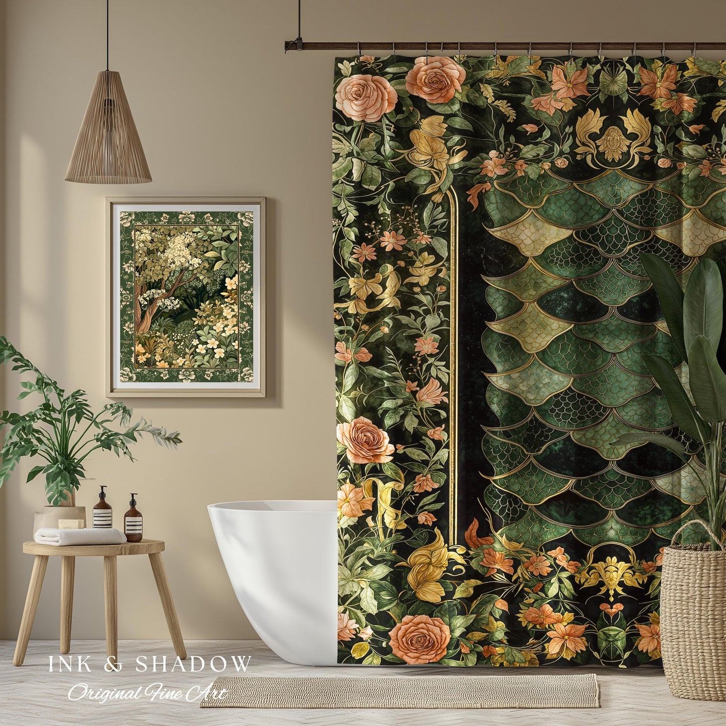 Dark Magic Dragon Scale Shower Curtain | Fantasy Aesthetic Sage Green Decorative Cottagegoth Medieval Bathroom Decor Book Nook Academia |