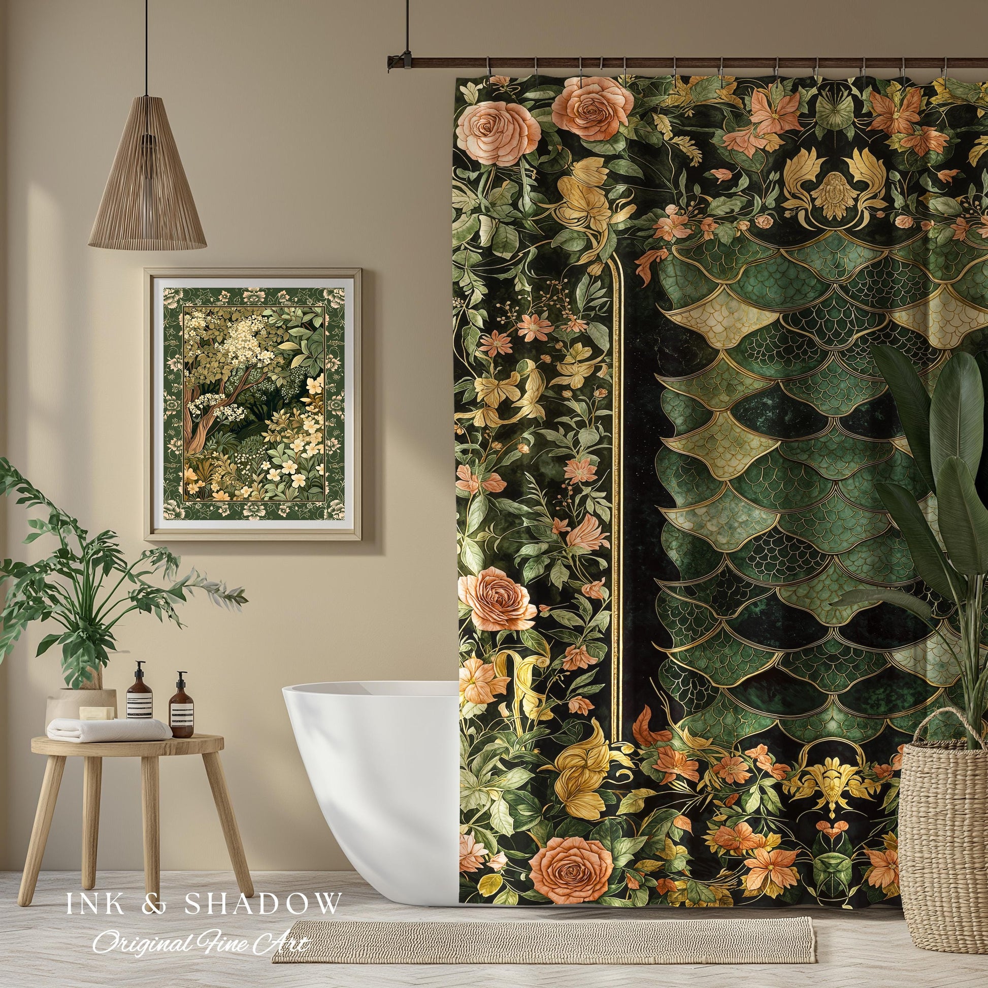 Dark Magic Dragon Scale Shower Curtain | Fantasy Aesthetic Sage Green Decorative Cottagegoth Medieval Bathroom Decor Book Nook Academia |