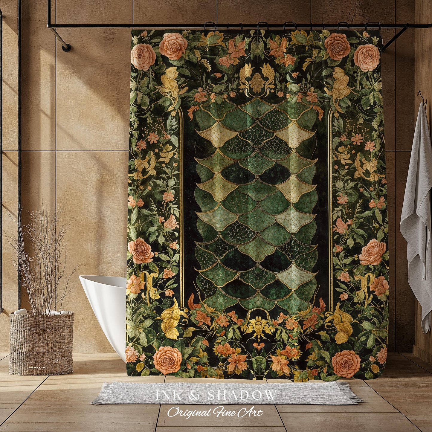 Dark Magic Dragon Scale Shower Curtain | Fantasy Aesthetic Sage Green Decorative Cottagegoth Medieval Bathroom Decor Book Nook Academia |