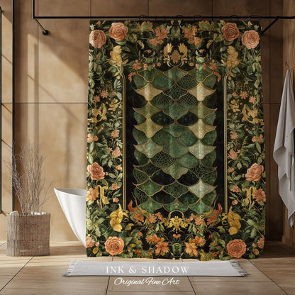 Dark Magic Dragon Scale Shower Curtain | Fantasy Aesthetic Sage Green Decorative Cottagegoth Medieval Bathroom Decor Book Nook Academia |