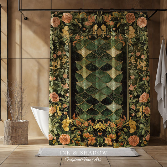 Dark Magic Dragon Scale Shower Curtain | Fantasy Aesthetic Sage Green Decorative Cottagegoth Medieval Bathroom Decor Book Nook Academia |