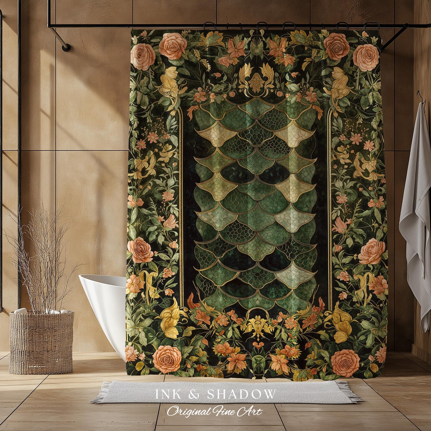Dark Magic Dragon Scale Shower Curtain | Fantasy Aesthetic Sage Green Decorative Cottagegoth Medieval Bathroom Decor Book Nook Academia |