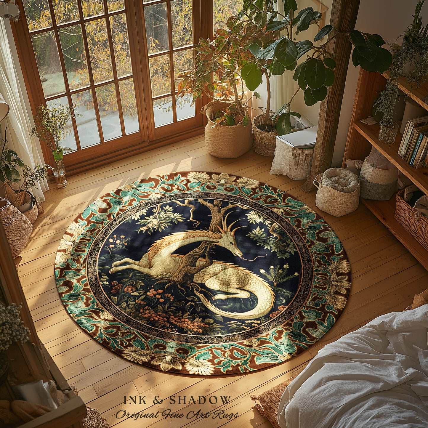 Renaissance Dragon Round Area Rug Forestcore Victorian Gothic Charm | Antique Baroque Style Enchanted Medieval Fantasy Cottagecore Woodland