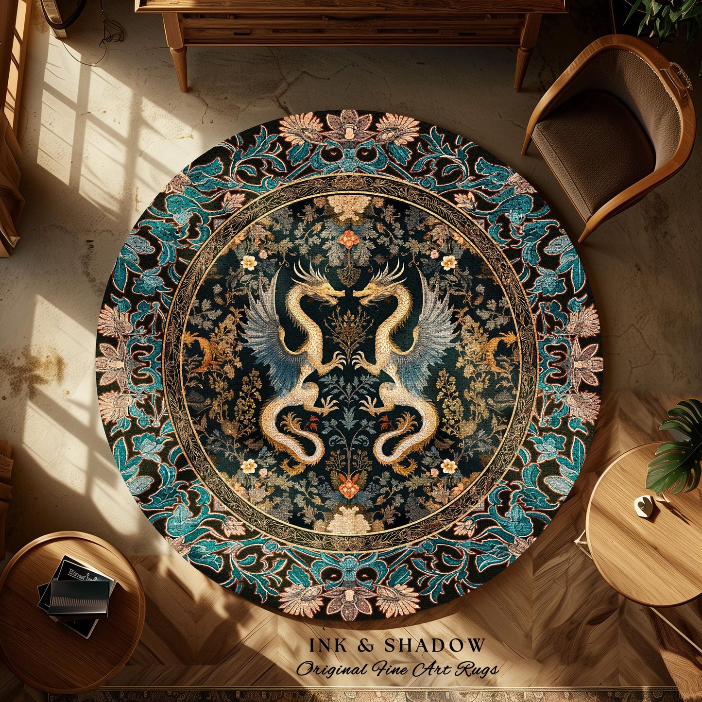 Art Deco Dragon Round Area Rug Antique Mystical Baroque Style Decor | Abstract Dragon Art Whimsical Aesthetic Home Dark Academia Teal Accent