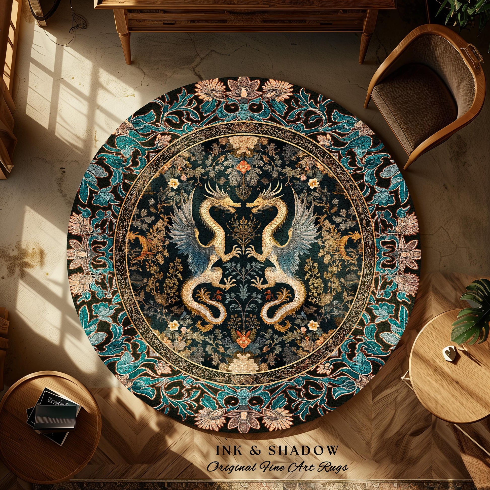 Art Deco Dragon Round Area Rug Antique Mystical Baroque Style Decor | Abstract Dragon Art Whimsical Aesthetic Home Dark Academia Teal Accent