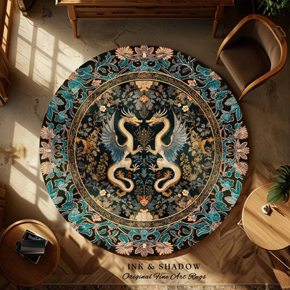 Art Deco Dragon Round Area Rug Antique Mystical Baroque Style Decor | Abstract Dragon Art Whimsical Aesthetic Home Dark Academia Teal Accent