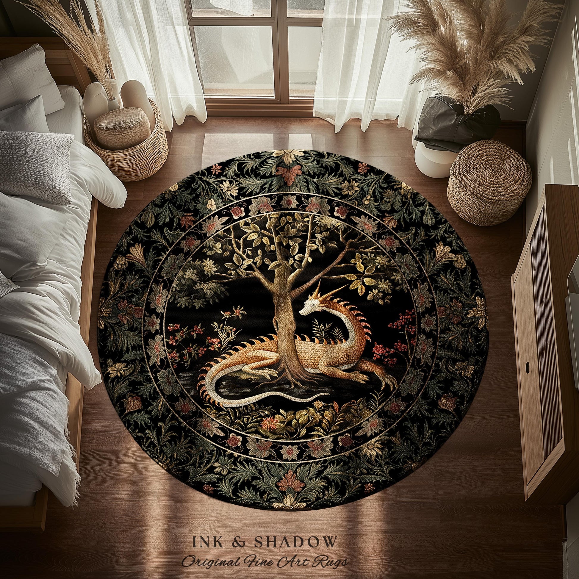 Dark Medieval Fantasy Round Area Rug | Baroque Aesthetic Fairytale Inspired Nursery Decor Mystic Academia Fairycore Goth Bedroom Home Accent