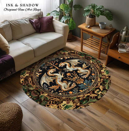Rococo Dragon Round Area Rug Ornate Baroque Art Nouveau Inspired Folklore Decor | Antique Aesthetic Maximalist Fantasy Home Statement Piece