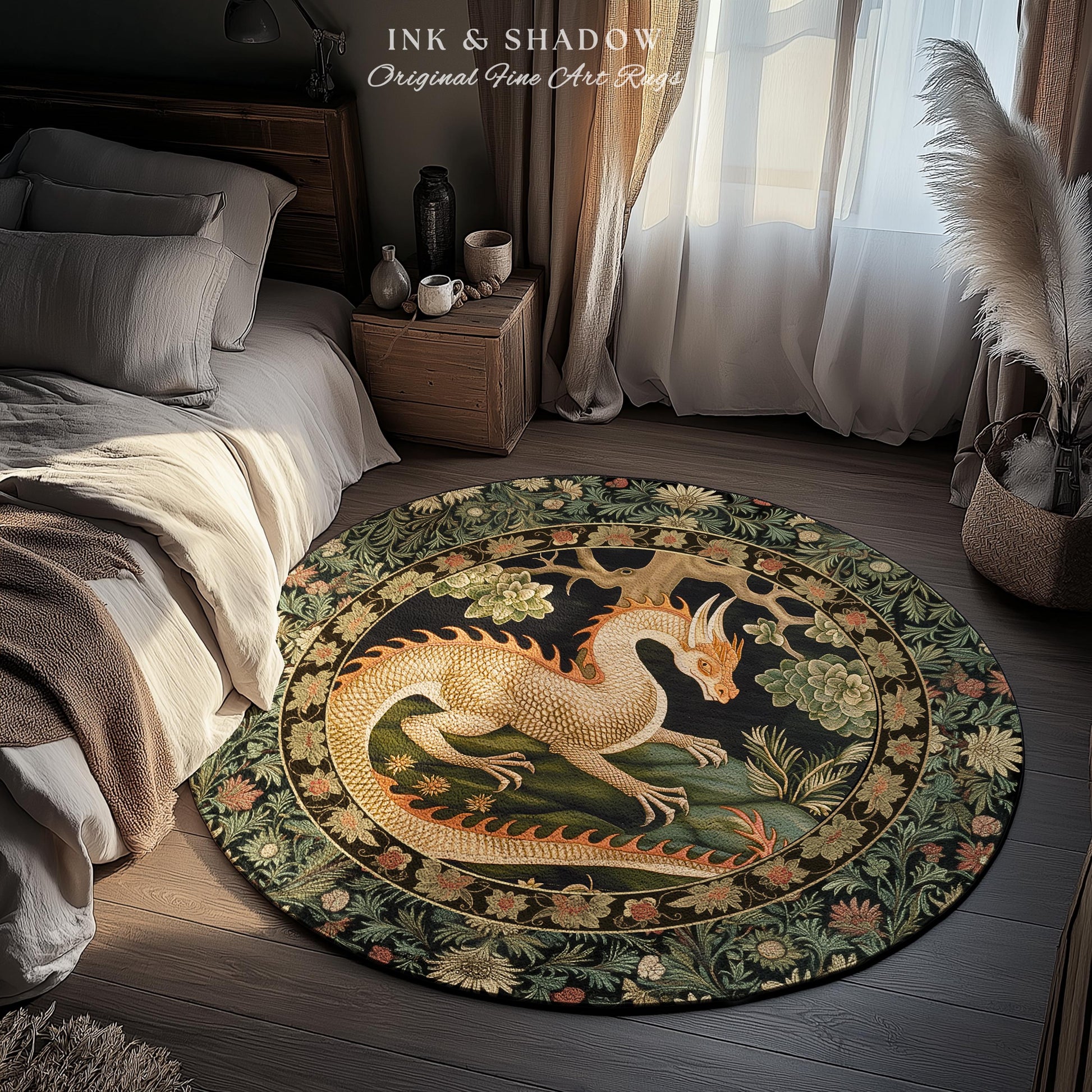 Mystic Medieval Dragon Round Area Rug | Gothic Home Decor Fairycore Bedroom Magical Aesthetic Maximalist Gift for Goth Woodland Dragon Lover
