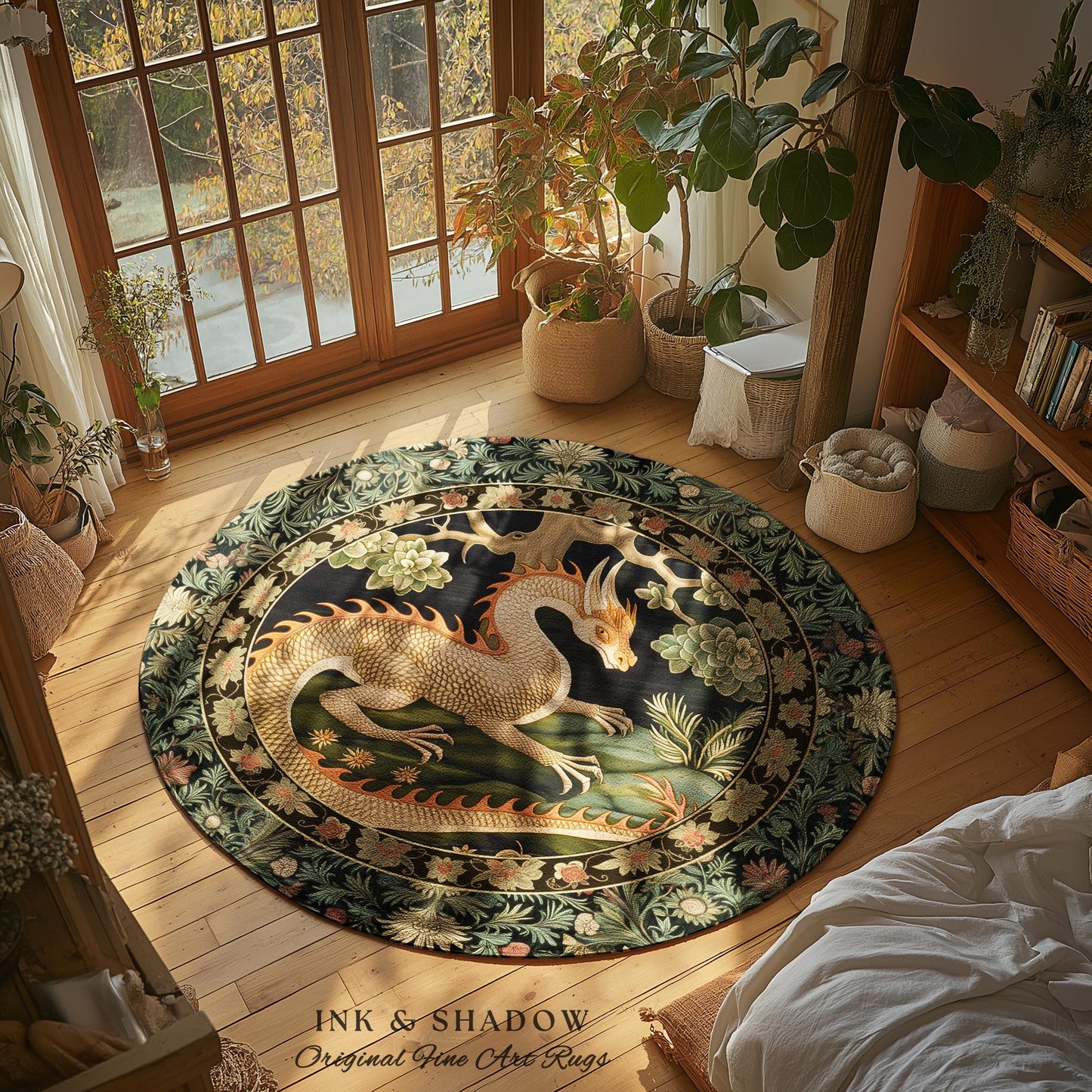 Mystic Medieval Dragon Round Area Rug | Gothic Home Decor Fairycore Bedroom Magical Aesthetic Maximalist Gift for Goth Woodland Dragon Lover