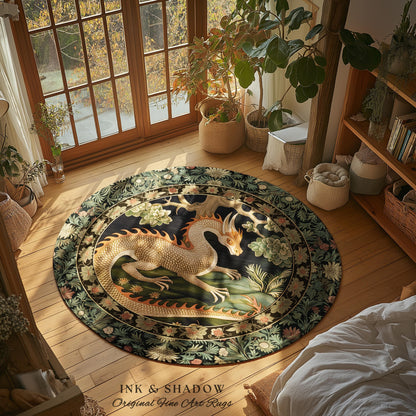 Mystic Medieval Dragon Round Area Rug | Gothic Home Decor Fairycore Bedroom Magical Aesthetic Maximalist Gift for Goth Woodland Dragon Lover