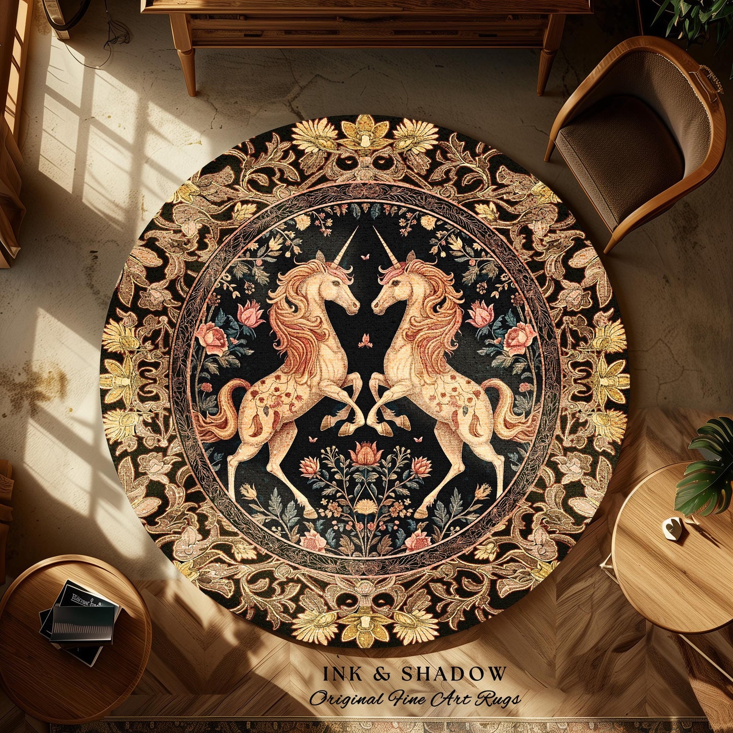 Fairytale Unicorn Floral Aesthetic Round Area Rug | Pastel Cottagecore Area Rug Fairycore Whimsical Boho Home Decor Medieval Style Bedroom |
