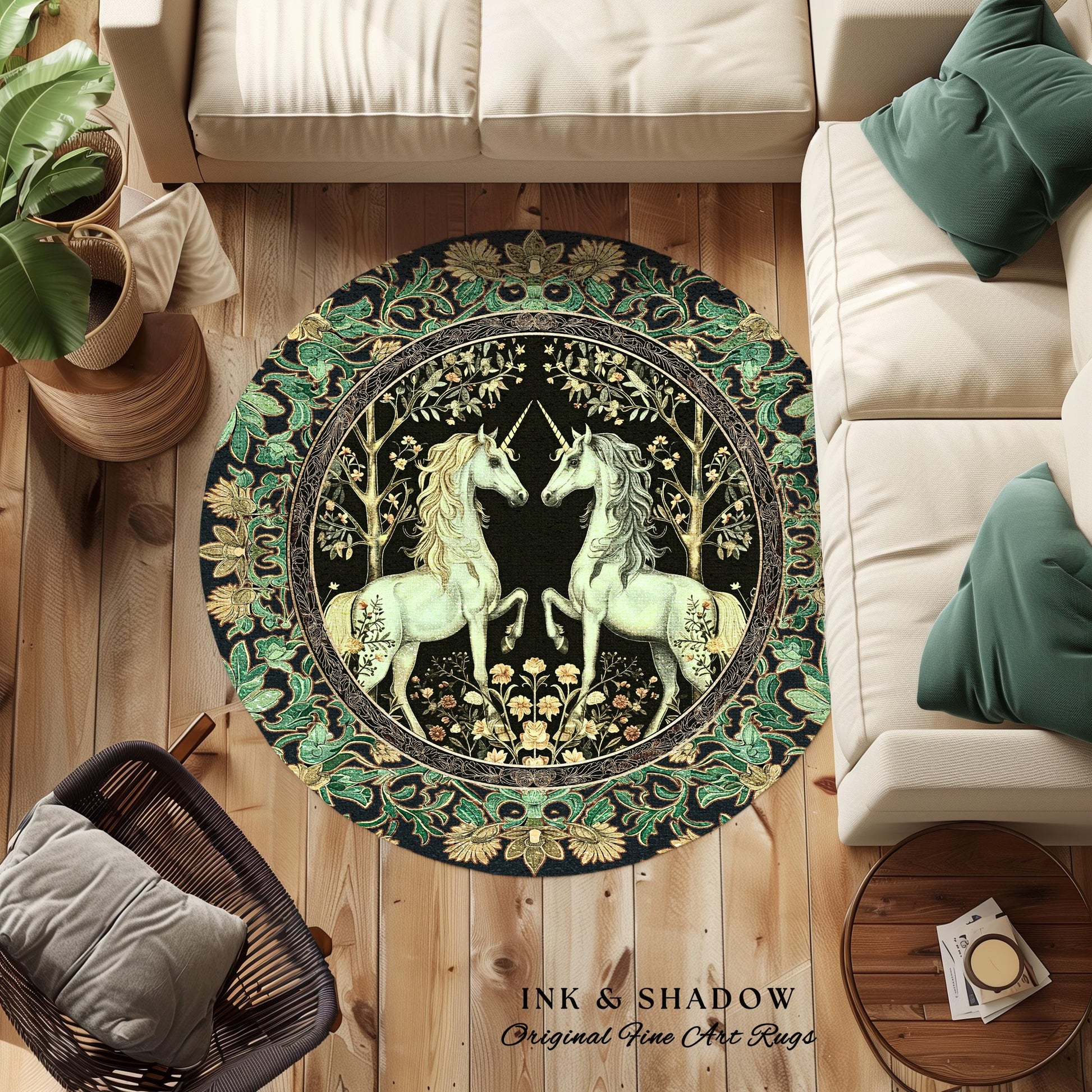 Victorian Gothic Unicorn Round Rug Ornate Baroque Fantasy Decor | Enchanted Art Nouveau Cottagecore Fairytale Whimsigoth Maximalist Accent