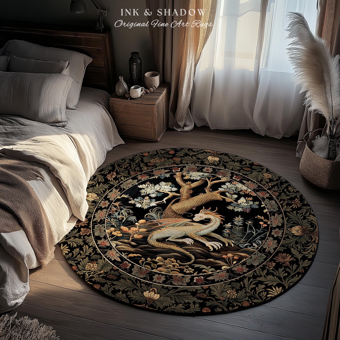 Dragon Aesthetic Botanical Round Rug | Dark Academia Room Decor Fairytale Inspired Nursery Gift Dark Cottagecore Fairycore Mystic Game Room